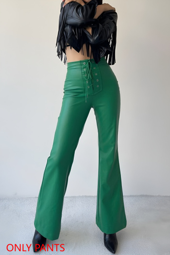 new stylish no-stretch 3-color patchwork leather lace-up high-waist flared pants