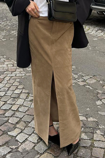 stylish non-stretch suede pure color high waist slit maxi skirt