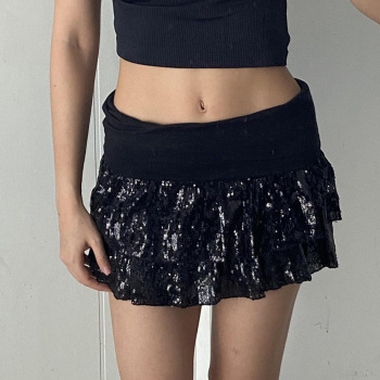 sexy slight stretch sequins splicing low waist mini skirt