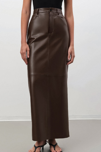 new casual slight stretch patchwork solid color pu high-waist maxi skirts