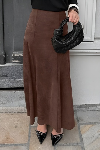 stylish non-stretch suede pure color high waist all-match maxi skirt(no belt)