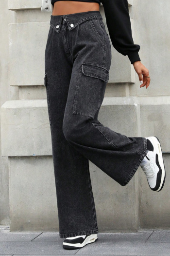 new casual no-stretch solid color denim high-waist loose pants