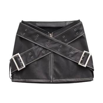casual non-stretch pu high-waist zip-up mini skirt(size run small)