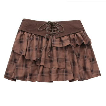 casual slight stretch lattice lace-up high-waist mini skirt(size run small)