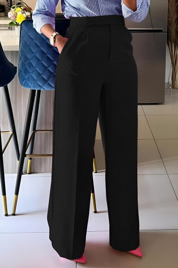 casual plus-size no-stretch patchwork black pocket high-waist straight-leg pants