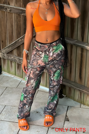 casual non-stretch leaf print high waist straight-leg cargo pants