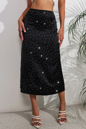casual non-stretch rhinestone decor high-waist midi skirt