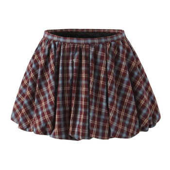 college style non-stretch lattice batch printing bubble skirt size run small
