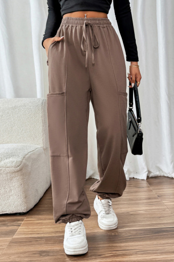 new casual slight stretch solid color patchwork pockets high-waist loose pants