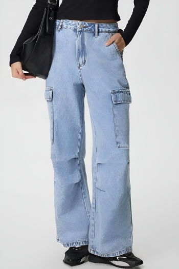 new casual no-stretch solid color patchwork denim pockets wide-leg pants