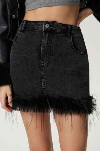 new stylish no-stretch patchwork fuzzy solid color high-waist mini denim skirts