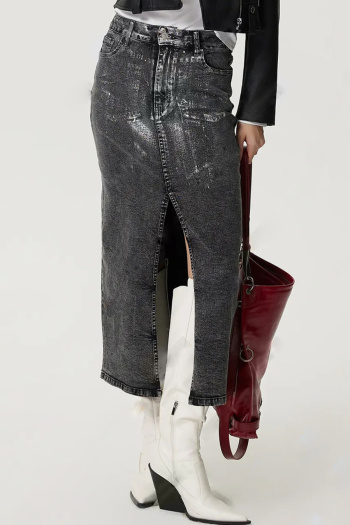 new casual no-stretch contrast patchwork denim high-waist midi skirts