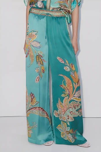 casual no-stretch patchwork satin plant fixed printing high-waist wide-leg pants