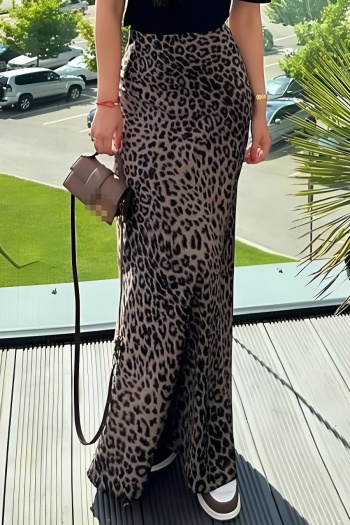 new casual no-stretch patchwork satin leopard printing high-waist maxi skirts