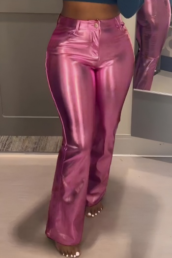 new stylish plus-size slight stretch patchwork pu holographic high-waist pants
