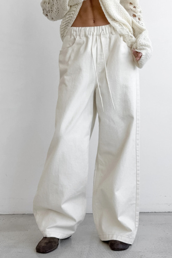 casual pure color non-stretch laced loose simple wide-leg pants