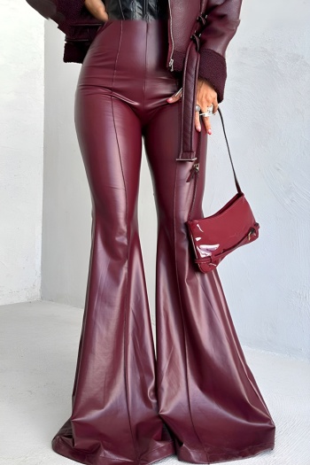 stylish slight stretch pu leather high waist zip-up bell-bottoms