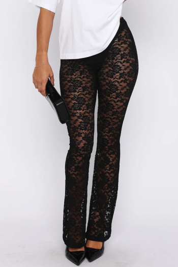 sexy slight stretch see-through lace solid color high-waist pants