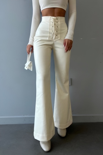 stylish non-stretch solid color high waist lace-up slim leather flared pants