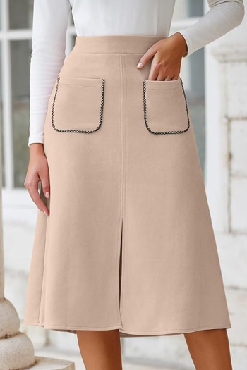 casual non-stretch solid color faux suede slit loose midi skirt