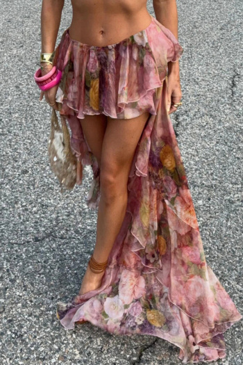 exquisite non-stretch floral printing with lined ruffle irregular maxi skirt