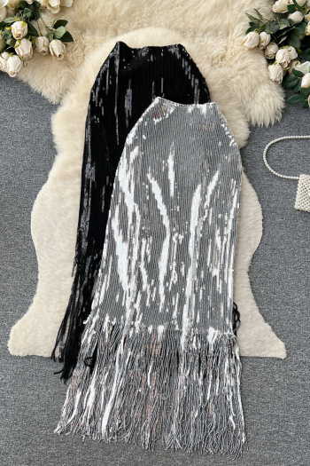 exquisite slight stretch glitter sequin tassel all-match midi skirt