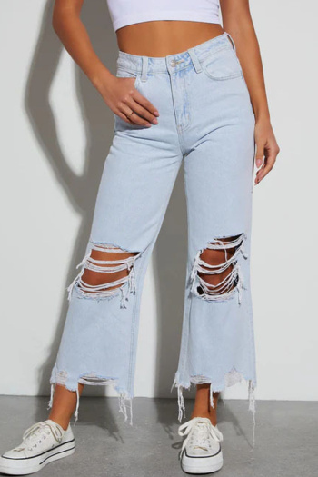 retro style no-stretch plus-size patchwork holes high-waist wide-leg jeans