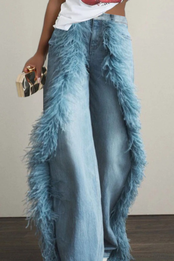 new stylish plus-size patchwork fuzzy high-waist straight-leg jeans