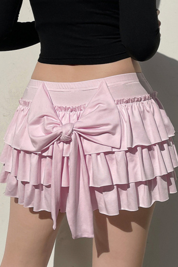 stylish stretch solid color low waist bow decor all-match pleated mini skirt