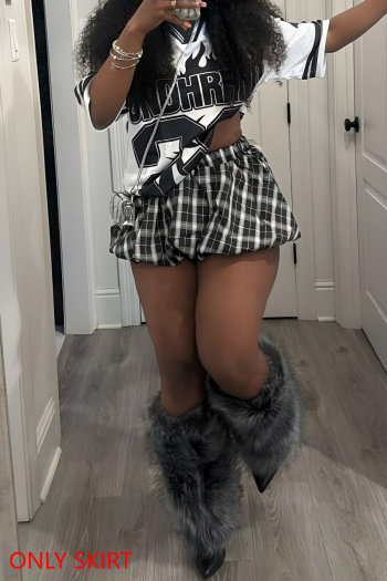 new stylish slight stretch patchwork lattices printing mini bubble skirts