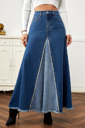 casual non-stretch contrasting stylish high waist rough edge maxi skirt