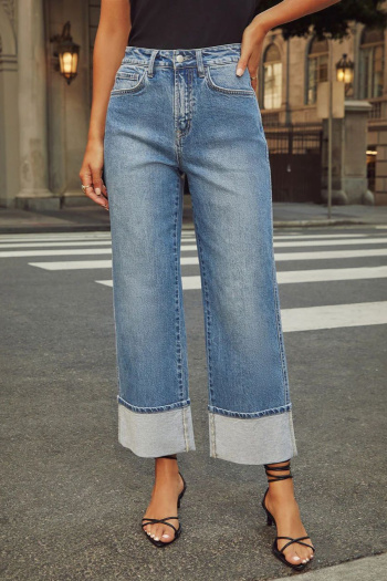 casual non-stretch simple high waist rolled-edge loose jeans