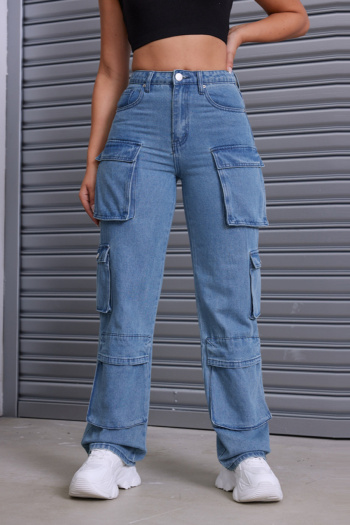 casual plus size non-stretch high waist cargo pocket stylish jeans