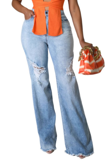casual plus size slight stretch denim hole decor high-waist loose jeans