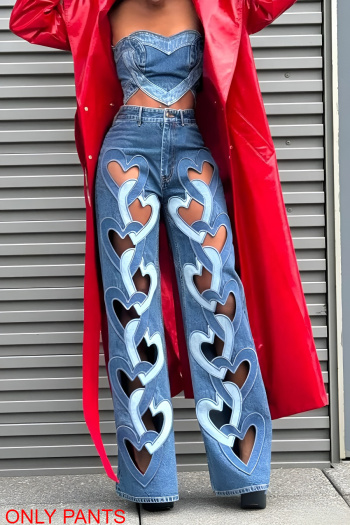 stylish plus size slight stretch heart shaped hollow straight jeans