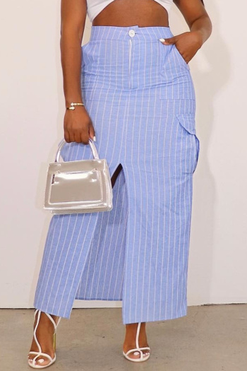 casual non-stretch high-waist stripe printing slit maxi skirt