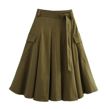 casual non-stretch high-waist solid color with belt midi skirt