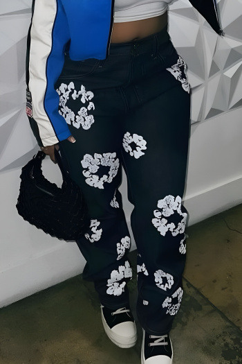 plus size flower batch printing stretch zip-up casual stylish jeans