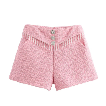 casual non-stretch tweed high-waist zip-up shorts