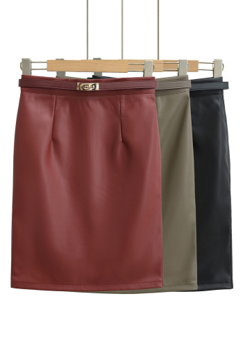 casual non-stretch 3 colors pu with belt midi skirt