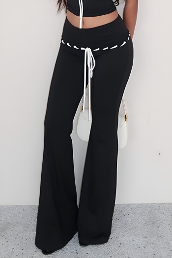 stylish slight stretch eyelet lace-up micro flared pants