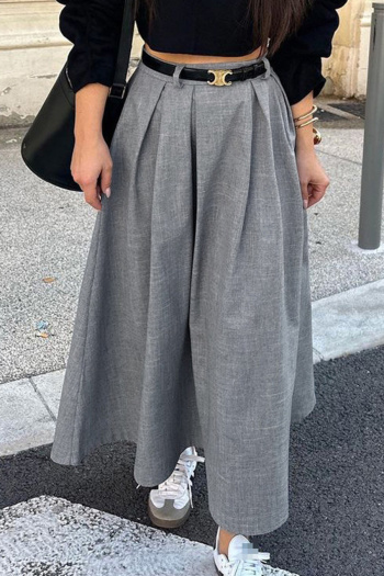 new casual slight stretch solid color high-waist maxi pleated-skirts (no belt)