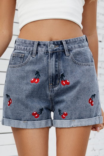 casual plus size non-stretch cherry embroidery decor rolled-edge denim shorts