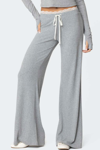 casual stretch lace stitching drawstring loose wide-leg pants