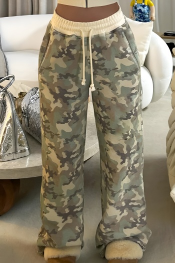 casual slight stretch patchwork contrast camouflage lace-up wide-leg pants