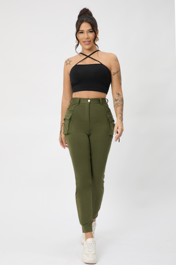 high quality casual slight stretch pockets zip-up button all-match cargo pants