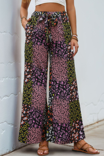 stylish non-stretch floral printing high waist pocket wide-leg pants