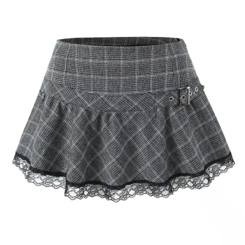 casual non-stretch plaid print lace splicing mini skirt size run small
