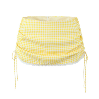 casual non-stretch slim fit plaid print drawstring mini skirt