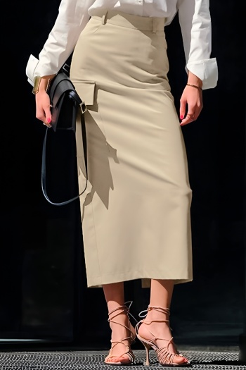 stylish office lady non-stretch pure color high waist pocket midi skirt